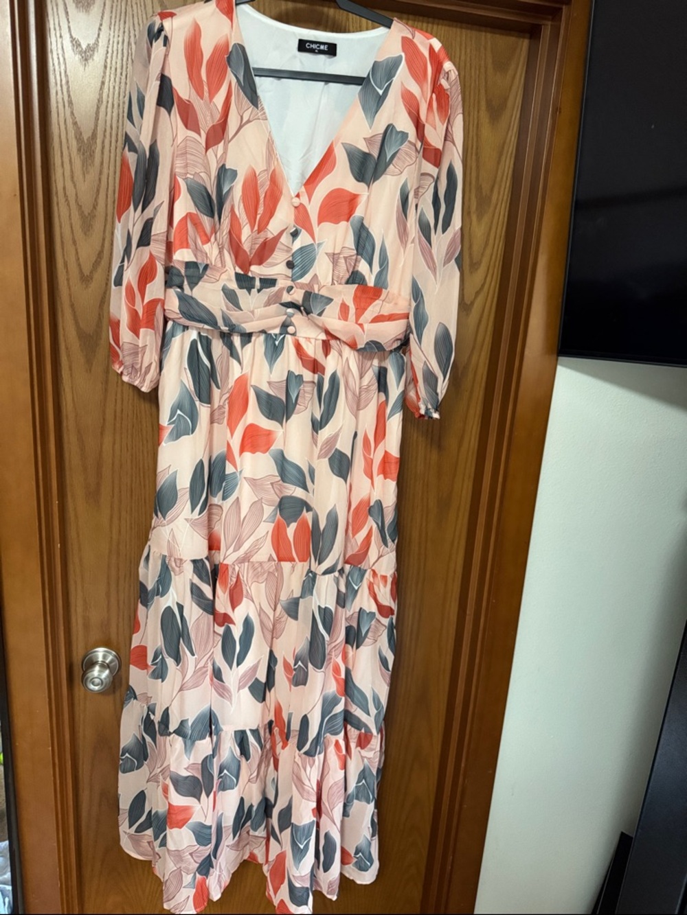 Coral & blue Leaf Print V-Neck Maxi Dress
